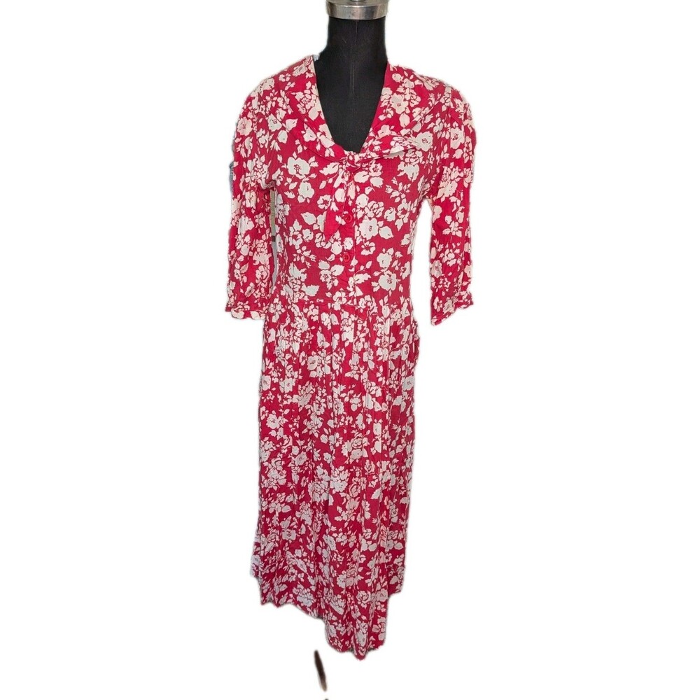 EUC Vintage Laura Ashley Red Floral Long Midi Dress W/ Collar 100% Cotton Size 8